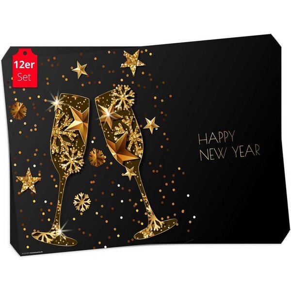 Tischsetmacher Platzset Tischsets I Platzsets - Silvester - Sektgläser Grafik, (aus Naturpapier in Aufbewahrungsmappe, 12-St., 44 x 32 cm / schwarz-gold), Made 