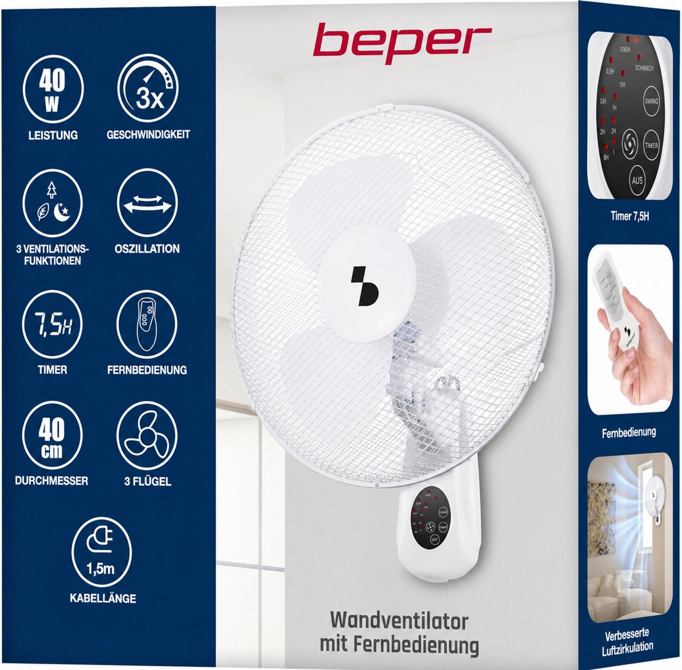 Beper Tischventilator BEPER Wandventilator 40 cm Ventilator Wand Fernbedienung Lüfter – Bild 2 von 5