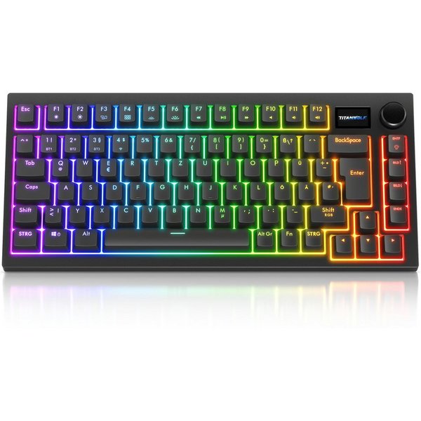 Titanwolf ALPHA Gaming Tastatur TKL, 82 Tasten mechanisch, TFT-Display, RGB Gaming-Tastatur (BT 2,4 GHz, Hot-Swap-Switches, Gasket Mount, 4000 mAh Akku, Drehreg