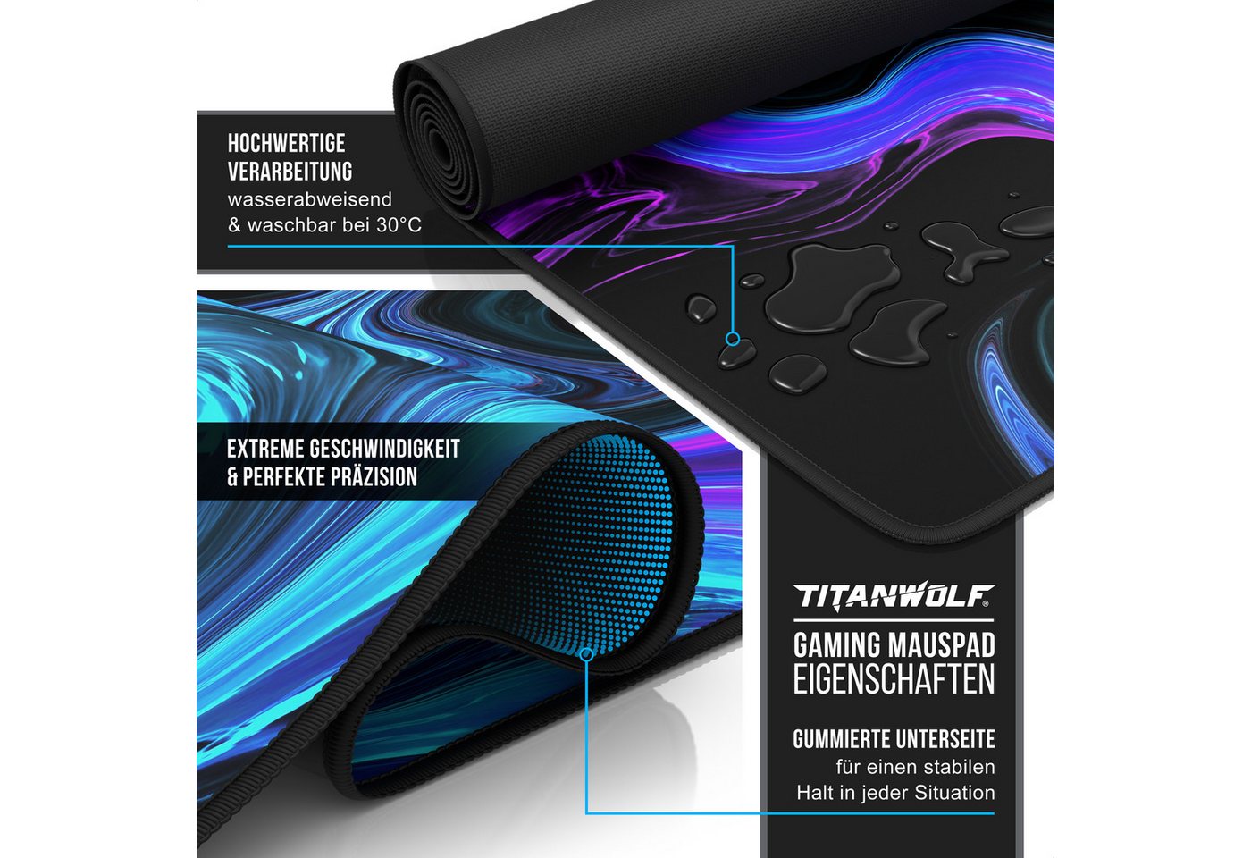 Titanwolf Gaming Mauspad XXL Speed Mousepad 900 x 400 x 3 mm, Schreibtischauflage, abwaschbar (1-St), rutschfeste Rückseite, Geschwindigkeit & Präzision, Blue L – Bild 3 von 5