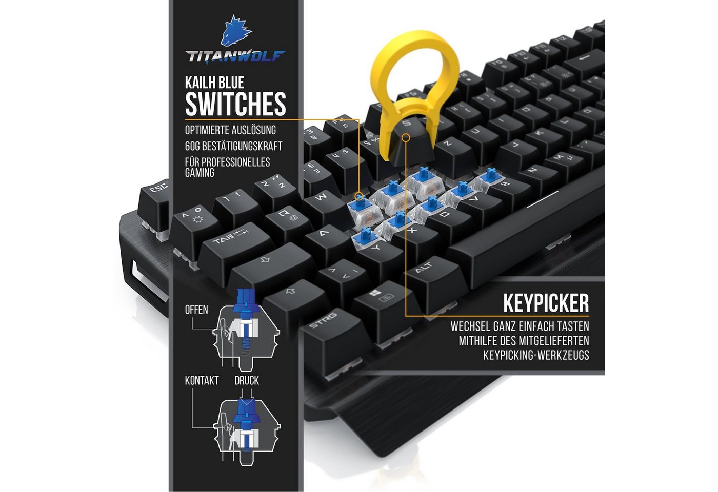 Titanwolf mechanisches Keyboard, Anti-Ghosting, Kailh Blue, LED-Beleuchtung Gaming-Tastatur (QWERTZ-Layout DE mit 105 Tasten, volles Key Rollover, RBG 18 Lichtm – Bild 3 von 5