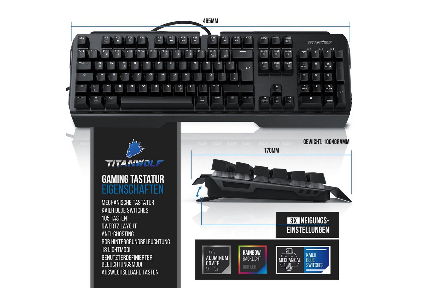 Titanwolf mechanisches Keyboard, Anti-Ghosting, Kailh Blue, LED-Beleuchtung Gaming-Tastatur (QWERTZ-Layout DE mit 105 Tasten, volles Key Rollover, RBG 18 Lichtm – Bild 5 von 5