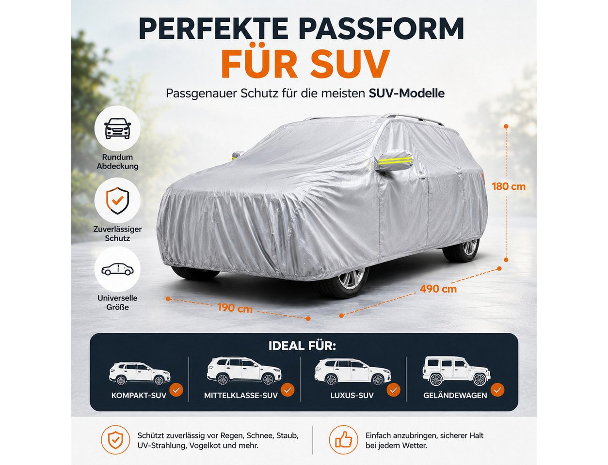 TK Gruppe Autoplane SUV-Autoabdeckung, 490 × 190 × 180 cm, Schutzhülle (Packung, 1-St) – Bild 4 von 5