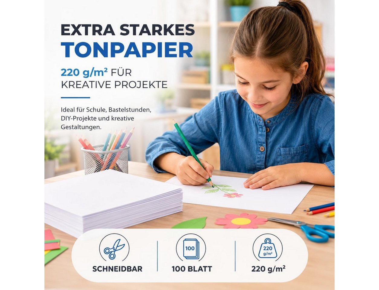 TK Gruppe Bastelkartonpapier 100 Blatt Tonkarton DIN A4, 220 g/m², schwarz oder weiß – Bild 2 von 5