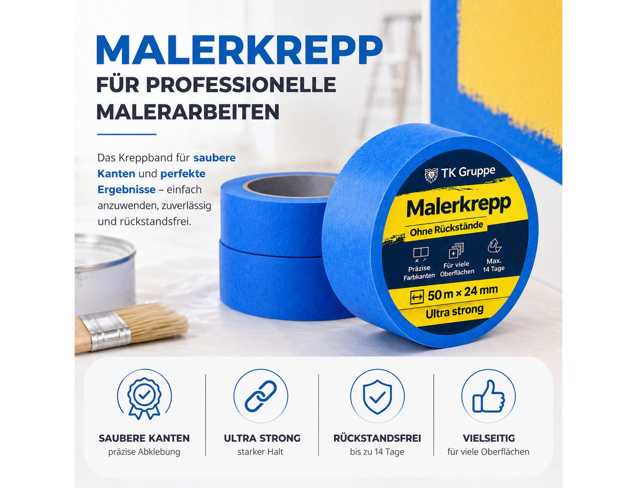 TK Gruppe Klebeband 3 Rollen Malerkrepp, blau, je 50 m × 24 mm, zum Abkleben (3-St., Set) – Bild 2 von 5