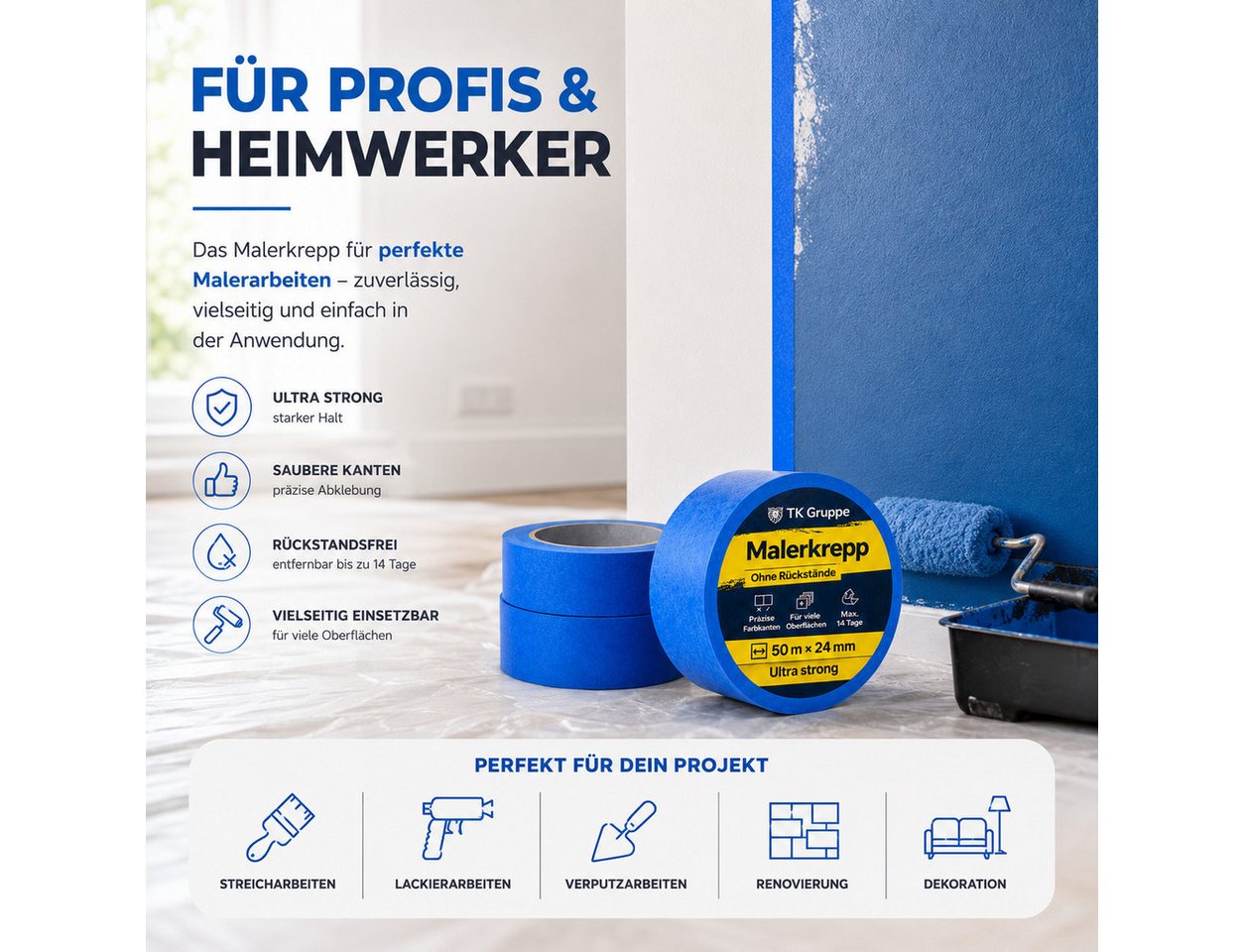 TK Gruppe Klebeband 3 Rollen Malerkrepp, blau, je 50 m × 24 mm, zum Abkleben (3-St., Set) – Bild 3 von 5