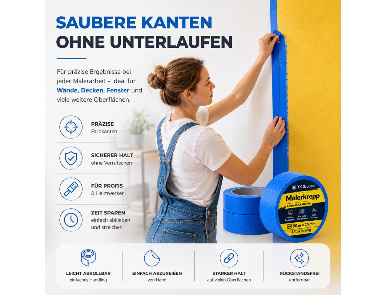 TK Gruppe Klebeband 3 Rollen Malerkrepp, blau, je 50 m × 24 mm, zum Abkleben (3-St., Set) – Bild 4 von 5