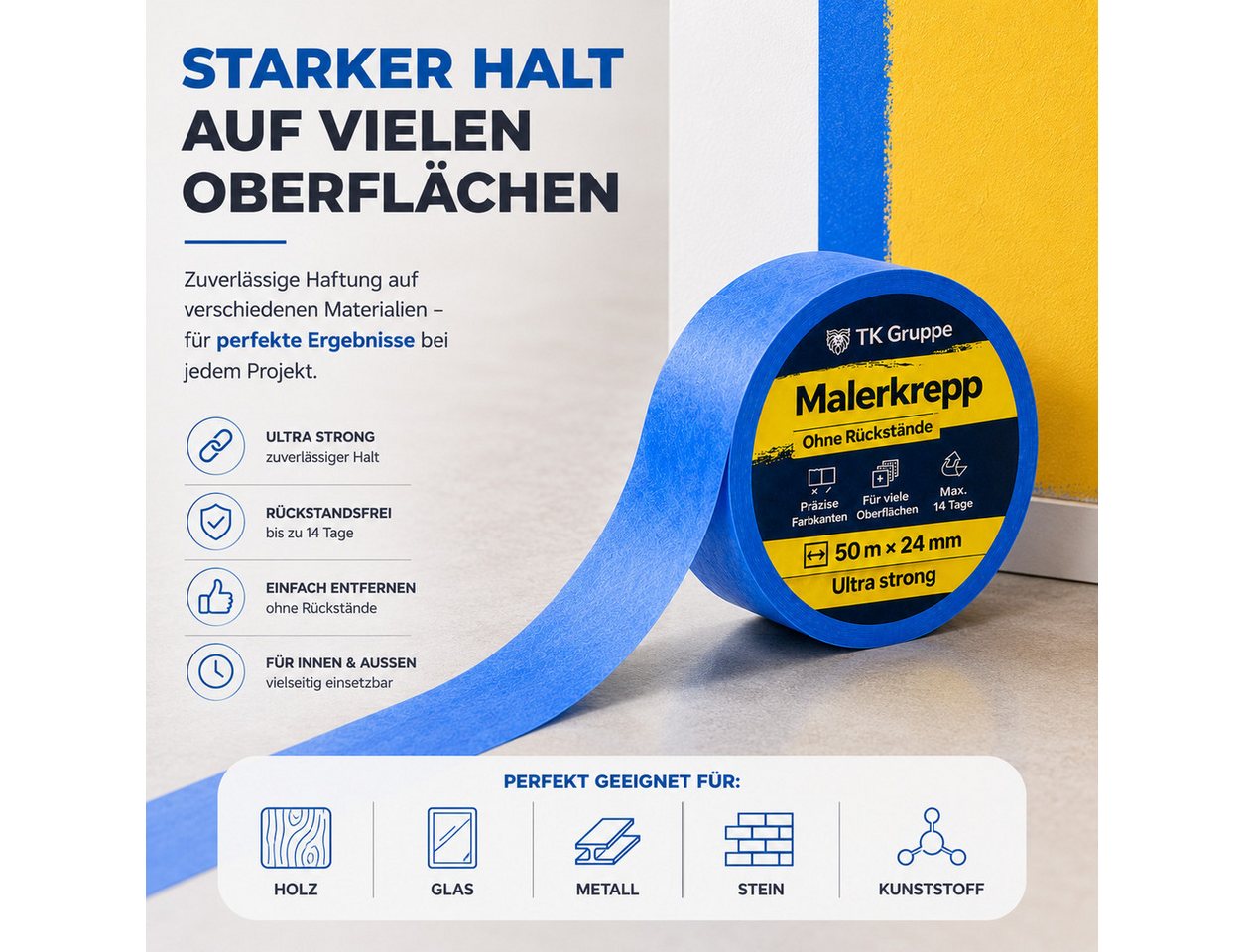 TK Gruppe Klebeband 3 Rollen Malerkrepp, blau, je 50 m × 24 mm, zum Abkleben (3-St., Set) – Bild 5 von 5