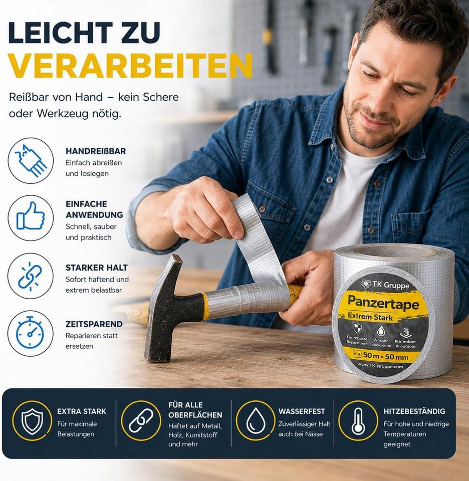 TK Gruppe Klebeband 4 Rollen Gewebeklebeband, silberfarben, je 50 m × 50 mm (4-St., Set) – Bild 2 von 5