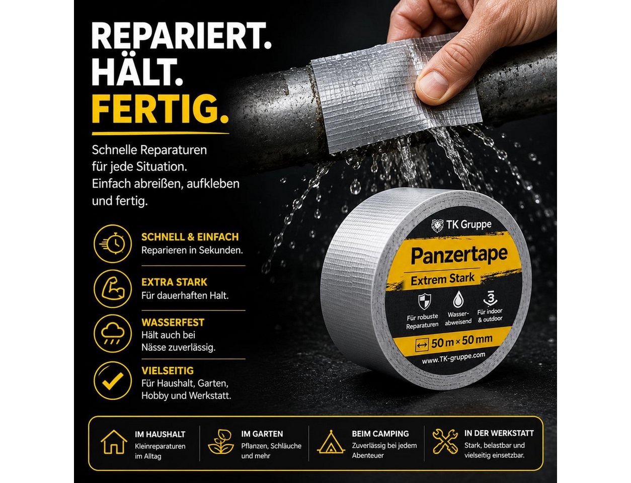 TK Gruppe Klebeband 4 Rollen Gewebeklebeband, silberfarben, je 50 m × 50 mm (4-St., Set) – Bild 4 von 5