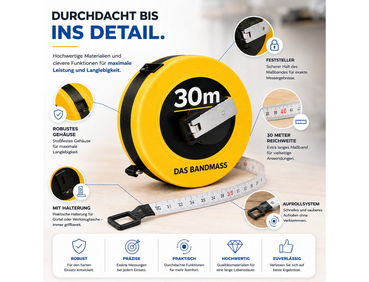 TK Gruppe Maßband Rollmaßband in 7,5 m, 10 m, 30 m oder 50 m Länge – Bild 3 von 5