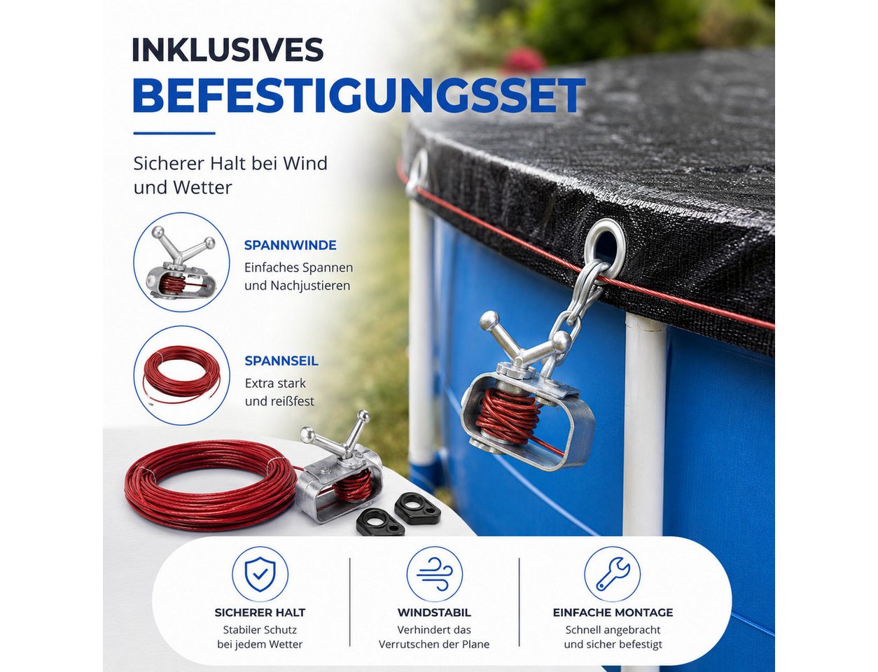 TK Gruppe Poolüberdachung Runde schwarze Poolplane aus beschichtetem PE-Gewebe, 200 g/m² – Bild 3 von 5