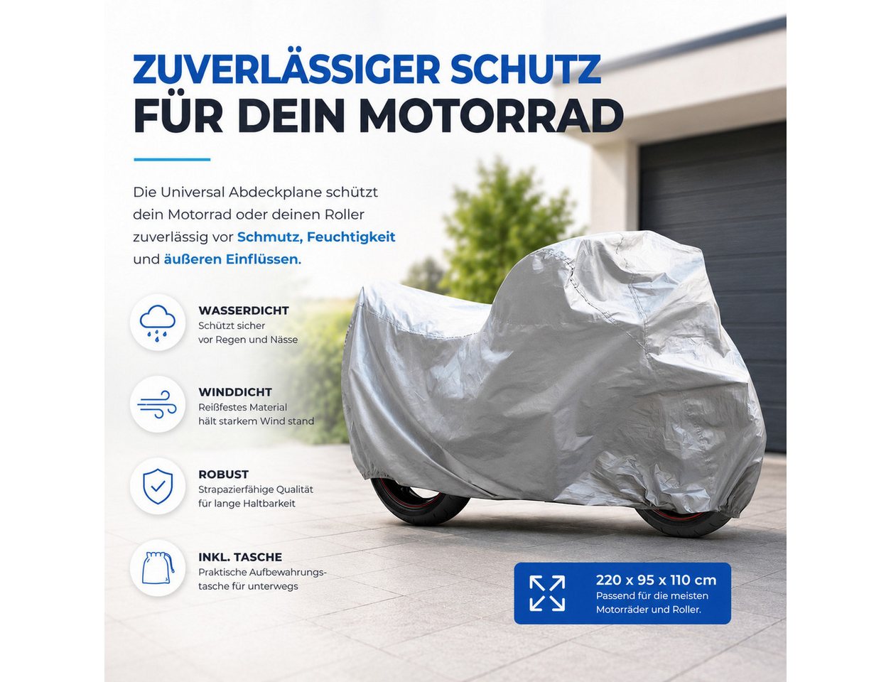 TK Gruppe Schutzplane Motorrad- und Rollerabdeckung, ca. 220 × 95 × 110 cm (Packung, 1-St., 1x Motorradplane), UV-Schutz – Bild 3 von 5