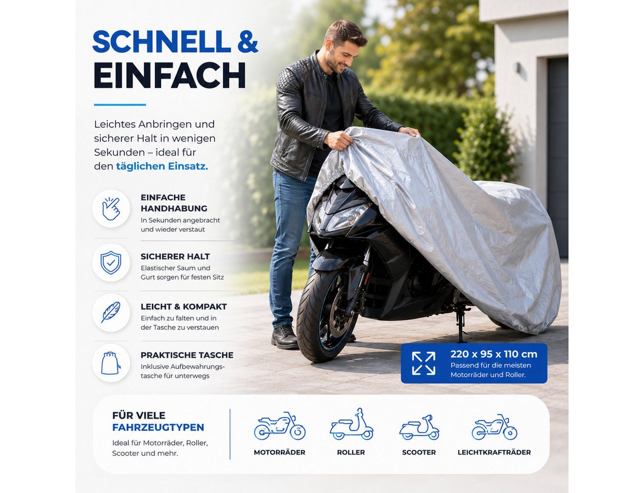 TK Gruppe Schutzplane Motorrad- und Rollerabdeckung, ca. 220 × 95 × 110 cm (Packung, 1-St., 1x Motorradplane), UV-Schutz – Bild 4 von 5