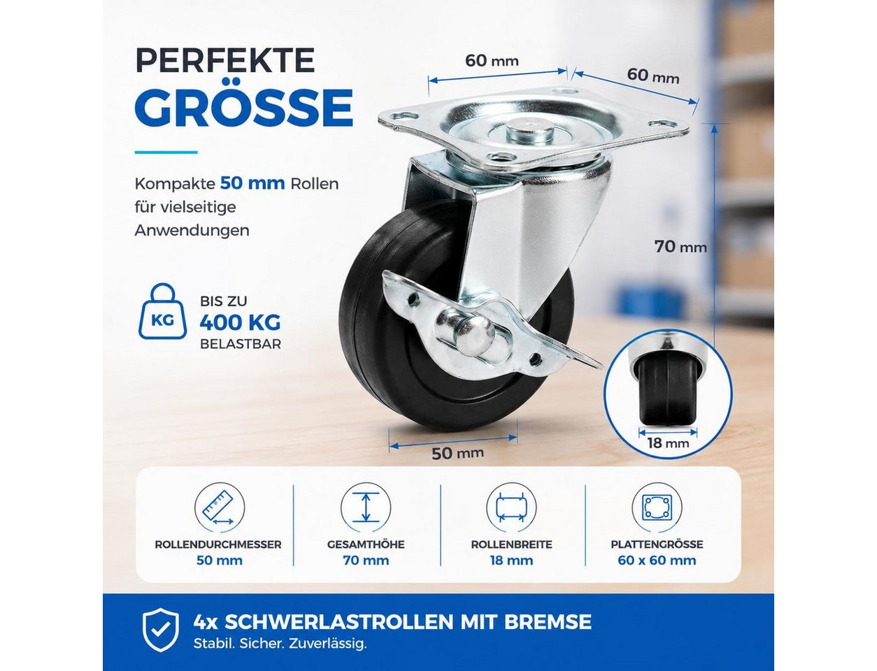 TK Gruppe Schwerlastrolle 4 Lenkrollen, davon 2 mit Bremse, Ø 5, 7,5 oder 10 cm, (4er Set), 4 Stück, zwei davon mit Bremsen – Bild 3 von 5