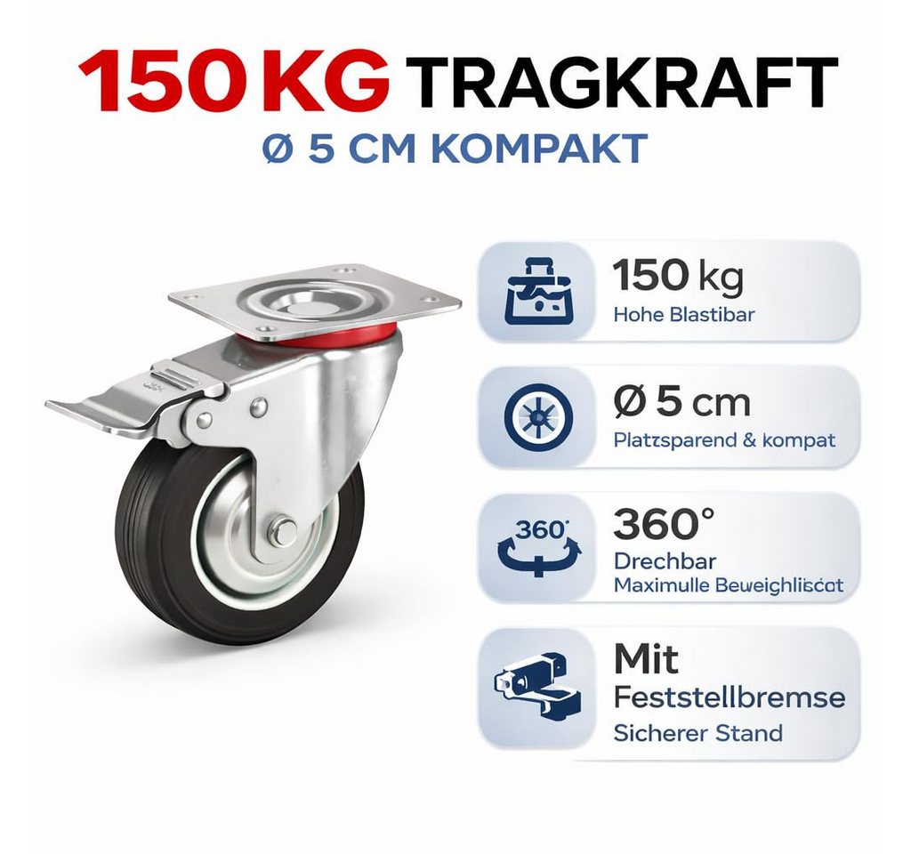 TK Gruppe Schwerlastrolle 4 Lenkrollen, davon 2 mit Bremse, Ø 5, 7,5 oder 10 cm, (4er Set), 4 Stück, zwei davon mit Bremsen – Bild 2 von 5