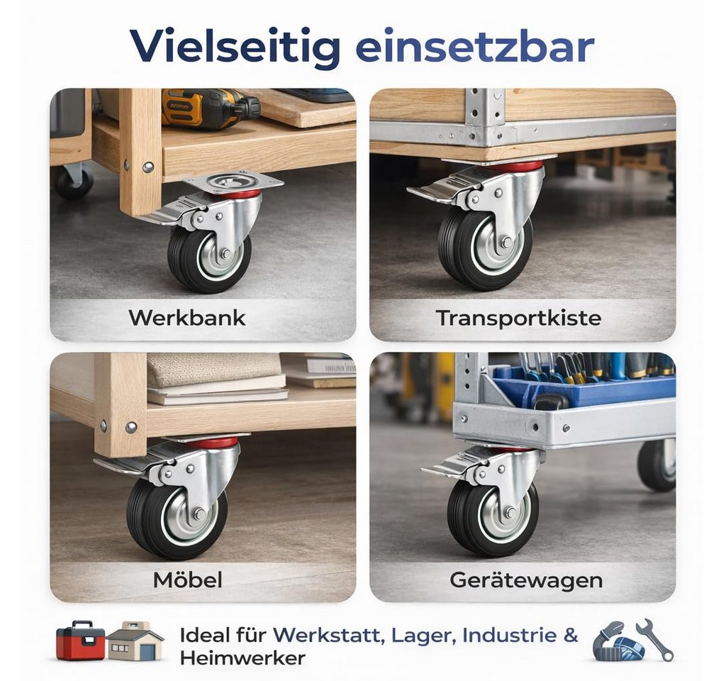 TK Gruppe Schwerlastrolle 4 Lenkrollen, davon 2 mit Bremse, Ø 5, 7,5 oder 10 cm, (4er Set), 4 Stück, zwei davon mit Bremsen – Bild 4 von 5