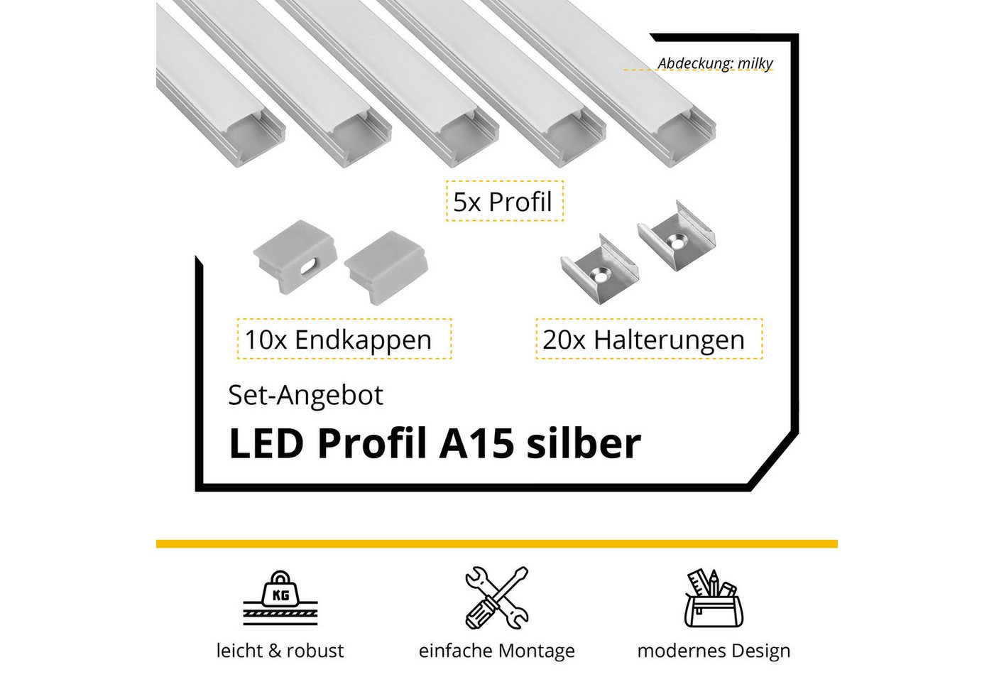 tktrading24 LED-Stripe-Profil 5x A15 LED Profil 2m - Silber inkl. Abdeckung, Halter & Endkappen – Bild 2 von 5