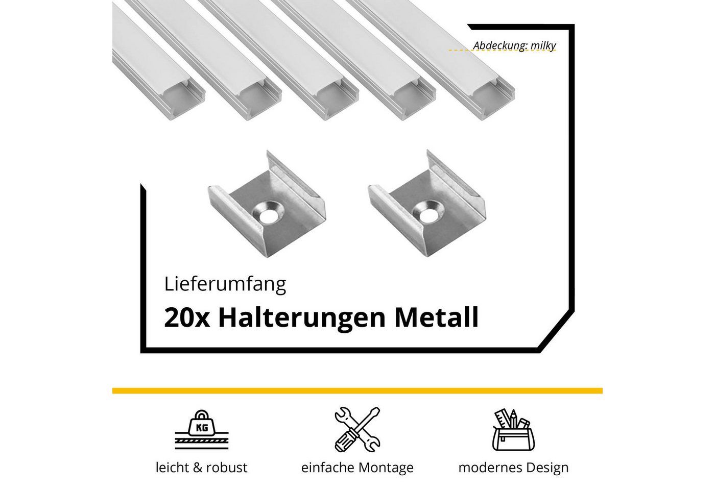 tktrading24 LED-Stripe-Profil 5x A15 LED Profil 2m - Silber inkl. Abdeckung, Halter & Endkappen – Bild 4 von 5
