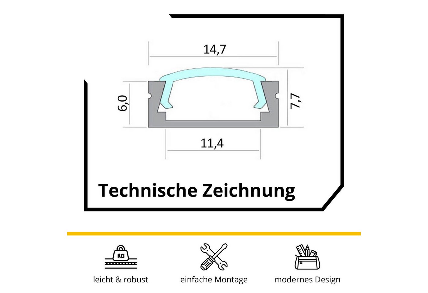tktrading24 LED-Stripe-Profil 5x A15 LED Profil 2m - Silber inkl. Abdeckung, Halter & Endkappen – Bild 5 von 5