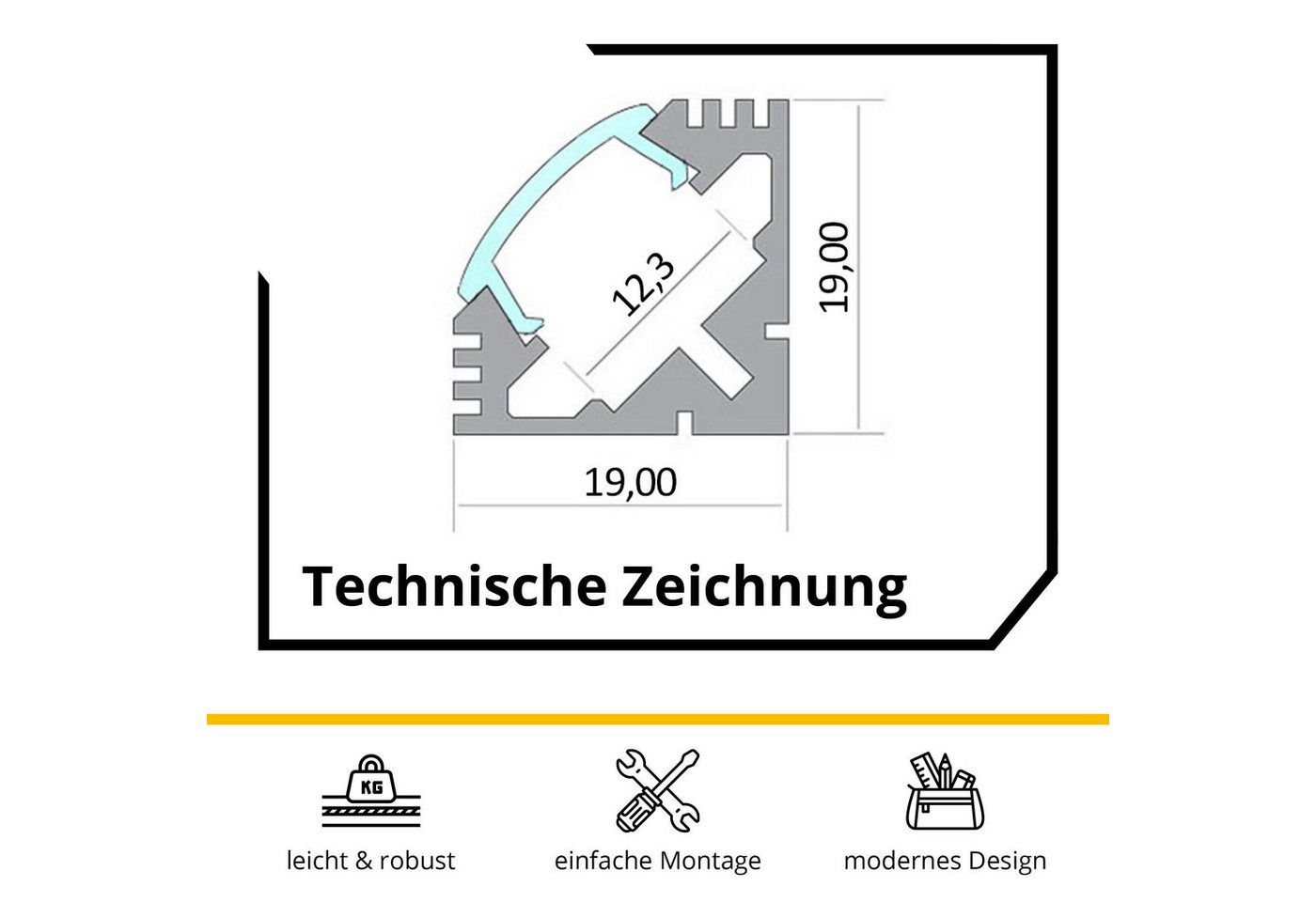 tktrading24 LED-Stripe-Profil A19 LED Profil Schwarz mit Abdeckung - Premium Eckprofil 90° – Bild 2 von 5