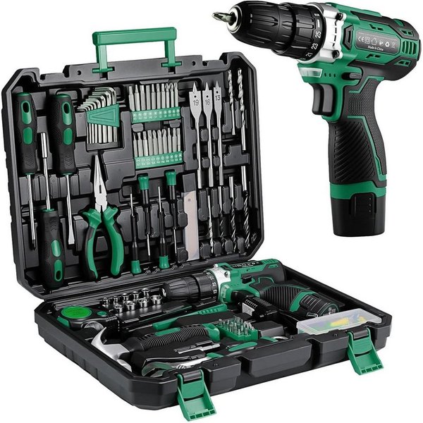 TLGREEN Akku-Bohrschrauber,12V Akkuschrauber Set,Akkubohrer mit 138PCS Werkzeugkoffer, max. 1500 U/min, (Set, 25+1 Drehmomentstufen + 2-Gang-Getriebe, LED Licht