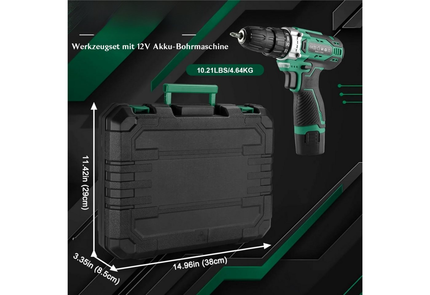 TLGREEN Akku-Bohrschrauber,12V Akkuschrauber Set,Akkubohrer mit 138PCS Werkzeugkoffer, max. 1500 U/min, (Set, 25+1 Drehmomentstufen + 2-Gang-Getriebe, LED Licht – Bild 2 von 5