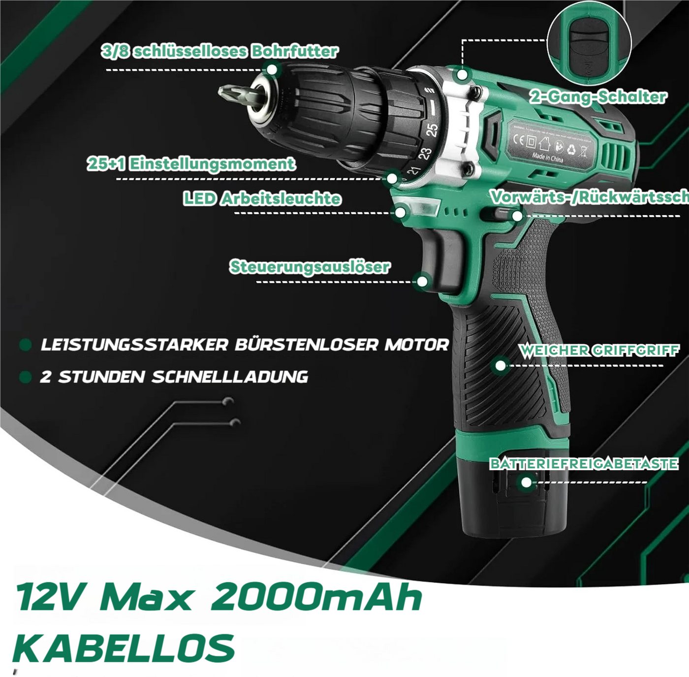 TLGREEN Akku-Bohrschrauber,12V Akkuschrauber Set,Akkubohrer mit 138PCS Werkzeugkoffer, max. 1500 U/min, (Set, 25+1 Drehmomentstufen + 2-Gang-Getriebe, LED Licht – Bild 3 von 5