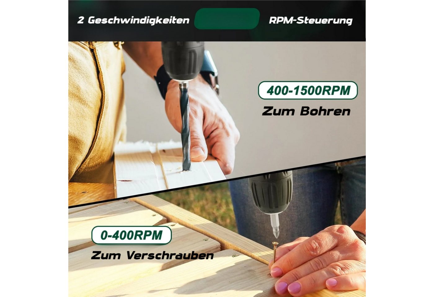 TLGREEN Akku-Bohrschrauber,12V Akkuschrauber Set,Akkubohrer mit 138PCS Werkzeugkoffer, max. 1500 U/min, (Set, 25+1 Drehmomentstufen + 2-Gang-Getriebe, LED Licht – Bild 5 von 5