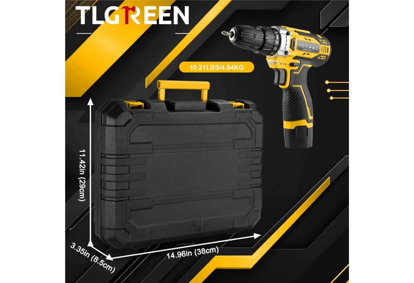 TLGREEN Akku-Bohrschrauber,12V Akkuschrauber Set,Akkubohrer mit 138PCS Werkzeugkoffer, max. 1500 U/min, (Set, 25+1 Drehmomentstufen + 2-Gang-Getriebe, LED Licht – Bild 2 von 5