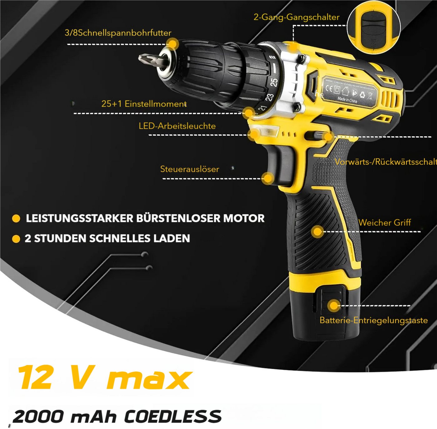 TLGREEN Akku-Bohrschrauber,12V Akkuschrauber Set,Akkubohrer mit 138PCS Werkzeugkoffer, max. 1500 U/min, (Set, 25+1 Drehmomentstufen + 2-Gang-Getriebe, LED Licht – Bild 3 von 5