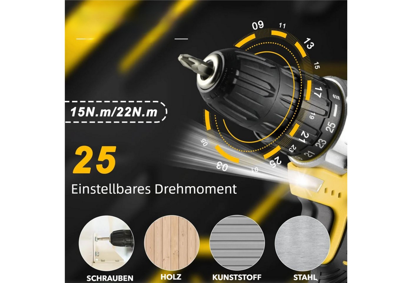 TLGREEN Akku-Bohrschrauber,12V Akkuschrauber Set,Akkubohrer mit 138PCS Werkzeugkoffer, max. 1500 U/min, (Set, 25+1 Drehmomentstufen + 2-Gang-Getriebe, LED Licht – Bild 4 von 5