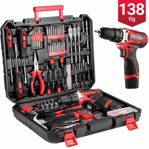 TLGREEN Akku-Bohrschrauber,12V Akkuschrauber Set,Akkubohrer mit 138PCS Werkzeugkoffer, max. 1500 U/min, (Set, 25+1 Drehmomentstufen + 2-Gang-Getriebe, LED Licht