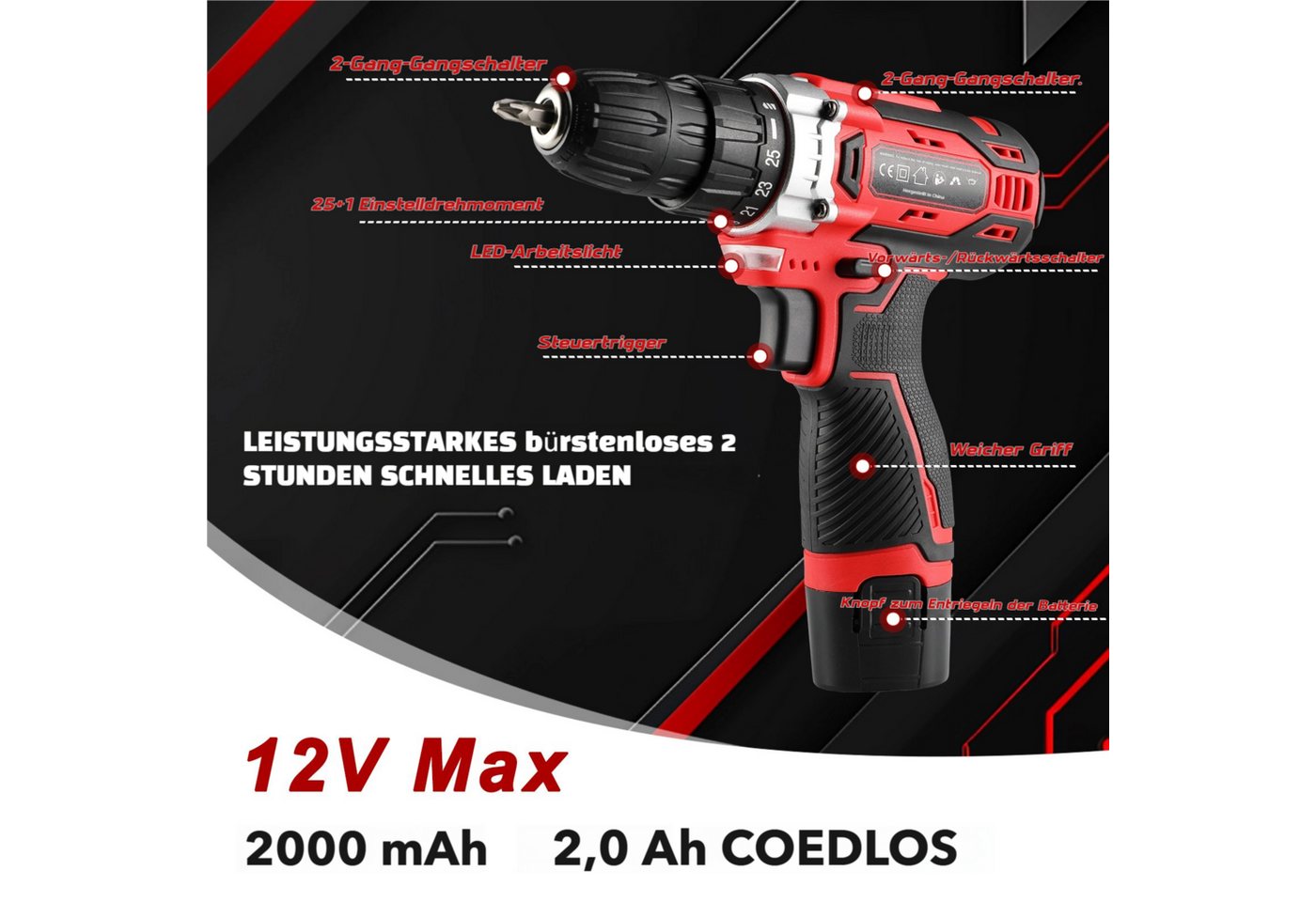 TLGREEN Akku-Bohrschrauber,12V Akkuschrauber Set,Akkubohrer mit 138PCS Werkzeugkoffer, max. 1500 U/min, (Set, 25+1 Drehmomentstufen + 2-Gang-Getriebe, LED Licht – Bild 3 von 5
