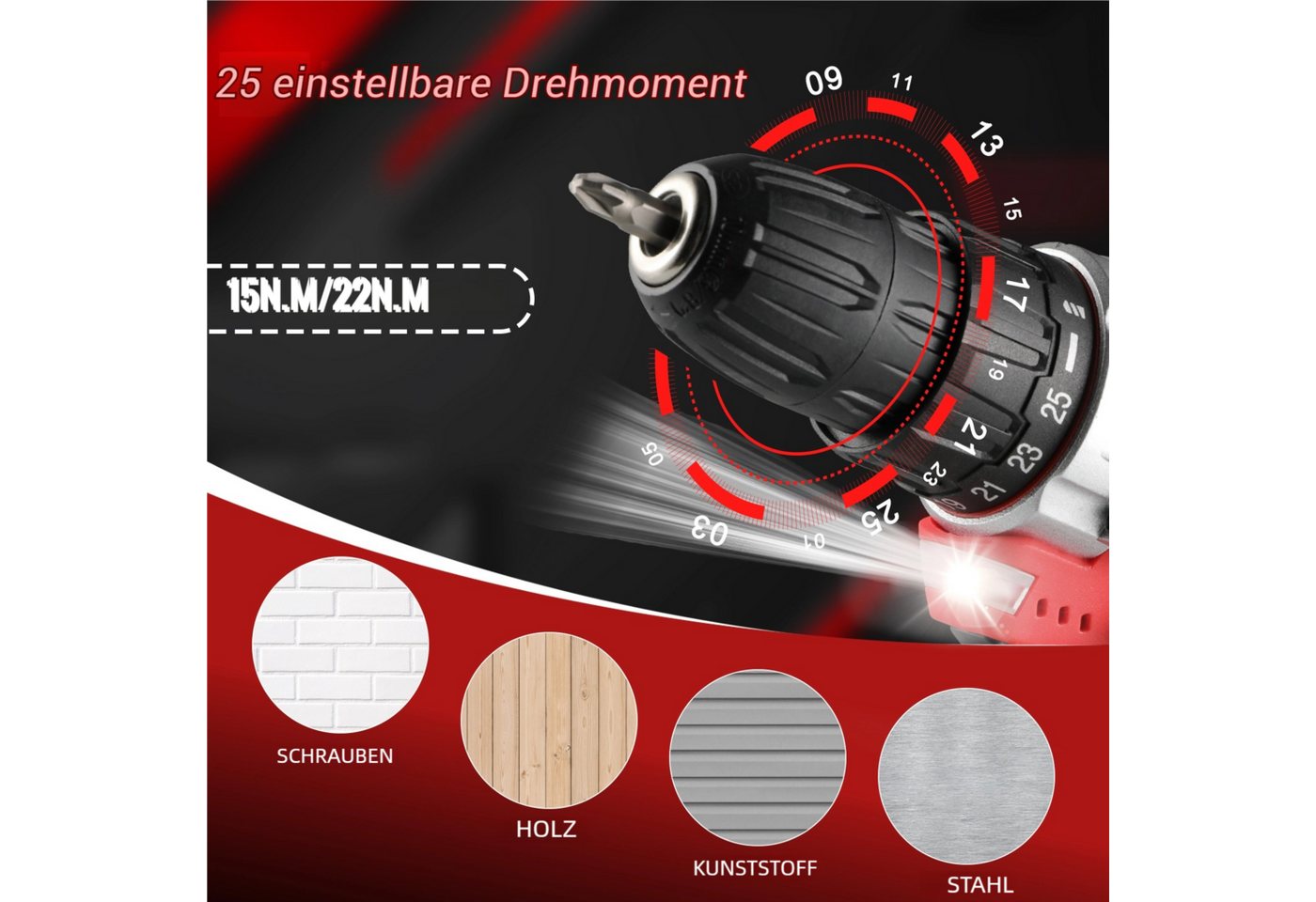 TLGREEN Akku-Bohrschrauber,12V Akkuschrauber Set,Akkubohrer mit 138PCS Werkzeugkoffer, max. 1500 U/min, (Set, 25+1 Drehmomentstufen + 2-Gang-Getriebe, LED Licht – Bild 4 von 5