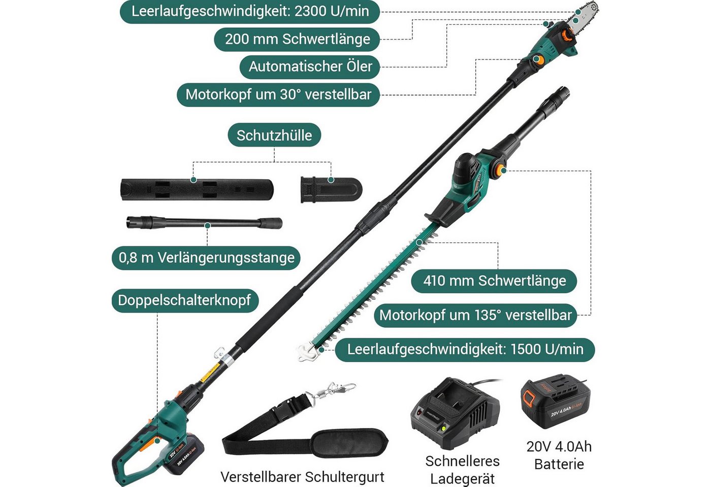 TLGREEN Akku-Heckenschere,2-in-1 Hochentaster Heckenschere, bis 3,00 m Arbeitshöhe, (Verstellbarer Schnittwinkel, Arbeitshöhe über 3m), Kettensäge mit Akku 4000 – Bild 3 von 5