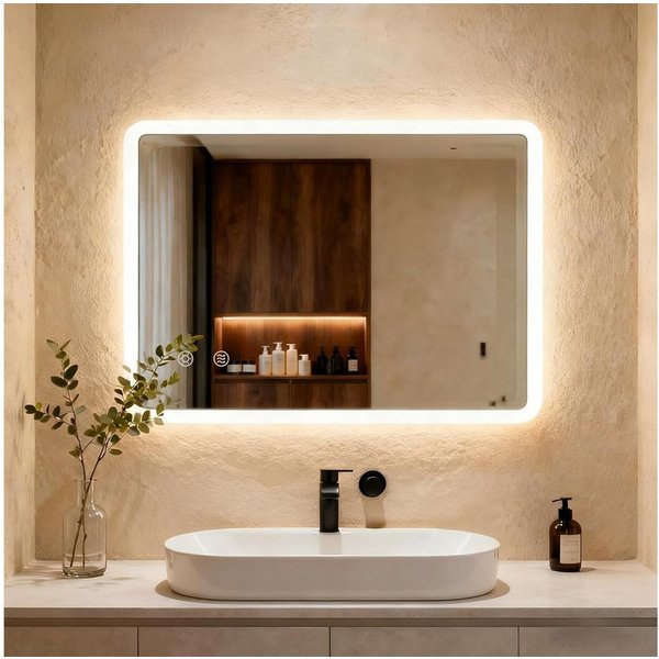TLGREEN Badspiegel mit Beleuchtung,LED Spiegel mit 3 Lichtfarben dimmbar, (gehärtetes Glas und mattierter Rand, Touch-Schalter, Memory-Funktion, beschlagfrei, B