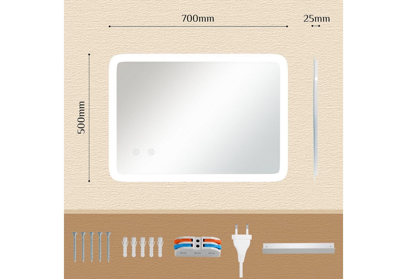 TLGREEN Badspiegel mit Beleuchtung,LED Spiegel mit 3 Lichtfarben dimmbar, (gehärtetes Glas und mattierter Rand, Touch-Schalter, Memory-Funktion, beschlagfrei, B – Bild 2 von 5