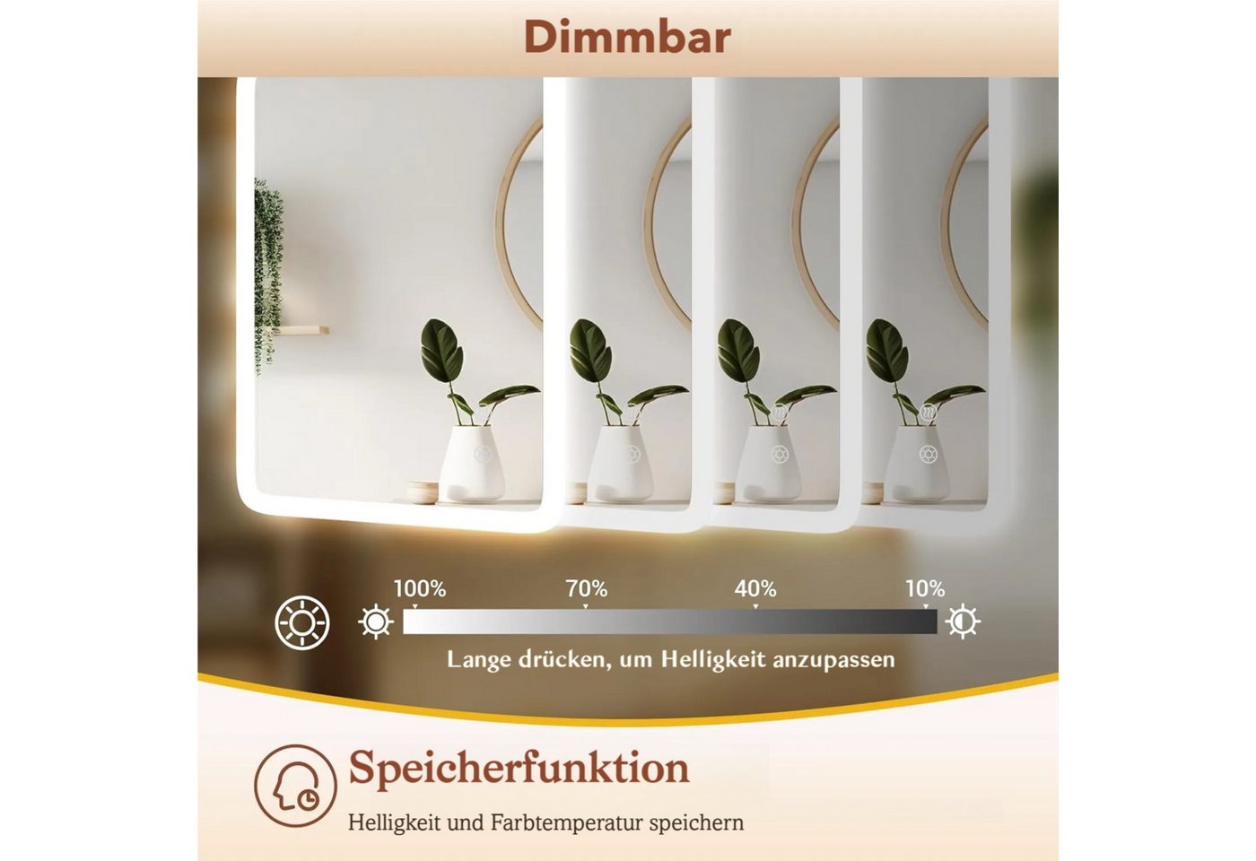 TLGREEN Badspiegel mit Beleuchtung,LED Spiegel mit 3 Lichtfarben dimmbar, (gehärtetes Glas und mattierter Rand, Touch-Schalter, Memory-Funktion, beschlagfrei, B – Bild 5 von 5