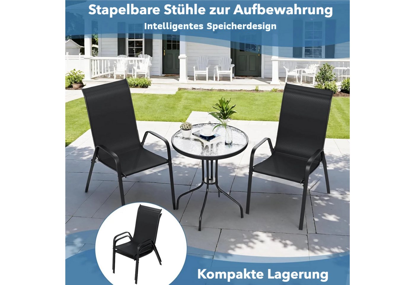 TLGREEN Balkonset 3-teiliges Gartenmöbel-Set,Balkonmöbel Set,Bistroset, (Gartenmöbel-Set, mit Terassentisch Rund (Gehärtetes Glas) + 2 Stapelstuhl), Für Terrass – Bild 5 von 5