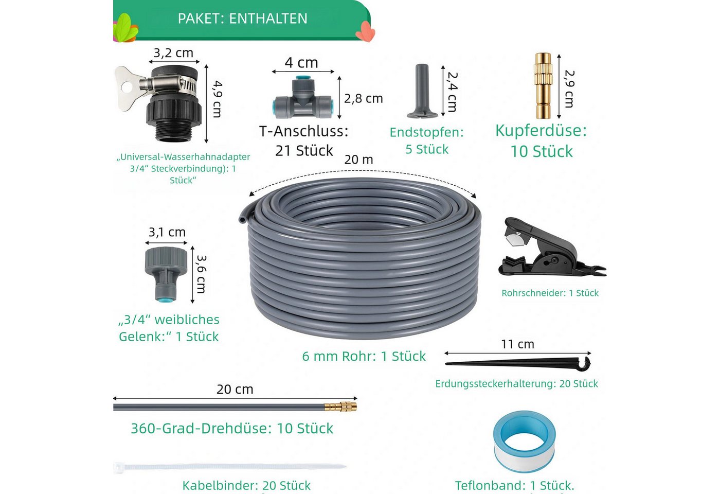 TLGREEN Bewässerungssystem 360° flexibel einstellbar Gartenbewässerungssystem, (20M Bewässerungsrohre Bewässerungssets, Quick-connect DIY Micro Drip System Bewä – Bild 2 von 5