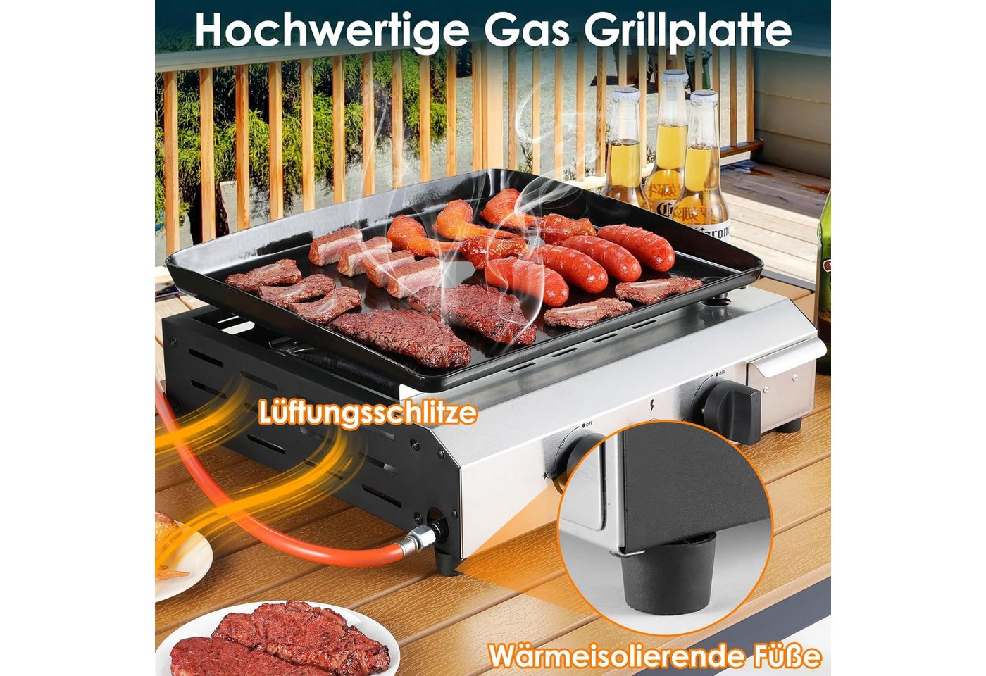 TLGREEN Camping-Gasgrill,Tischgasgrill mit Gusseisenplatte, Tragbarer Camping Grill mit 2/3 Brennern, Ideal für Balkon, Garten, Picknick & Outdoor BBQ – Bild 3 von 5