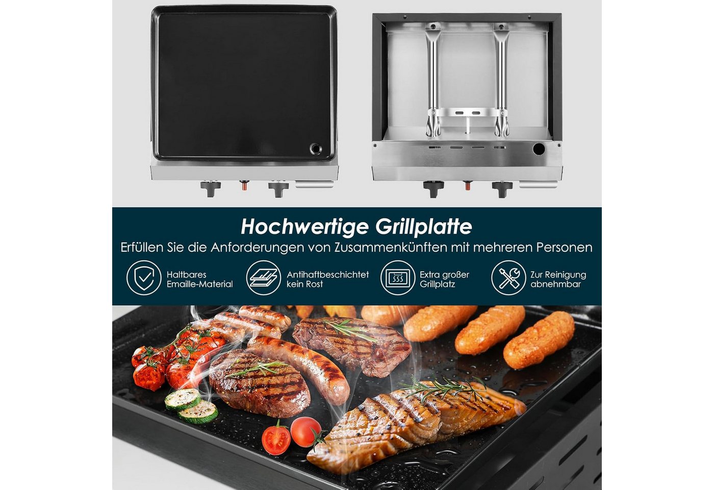 TLGREEN Camping-Gasgrill,Tischgasgrill mit Gusseisenplatte, Tragbarer Camping Grill mit 2/3 Brennern, Ideal für Balkon, Garten, Picknick & Outdoor BBQ – Bild 5 von 5