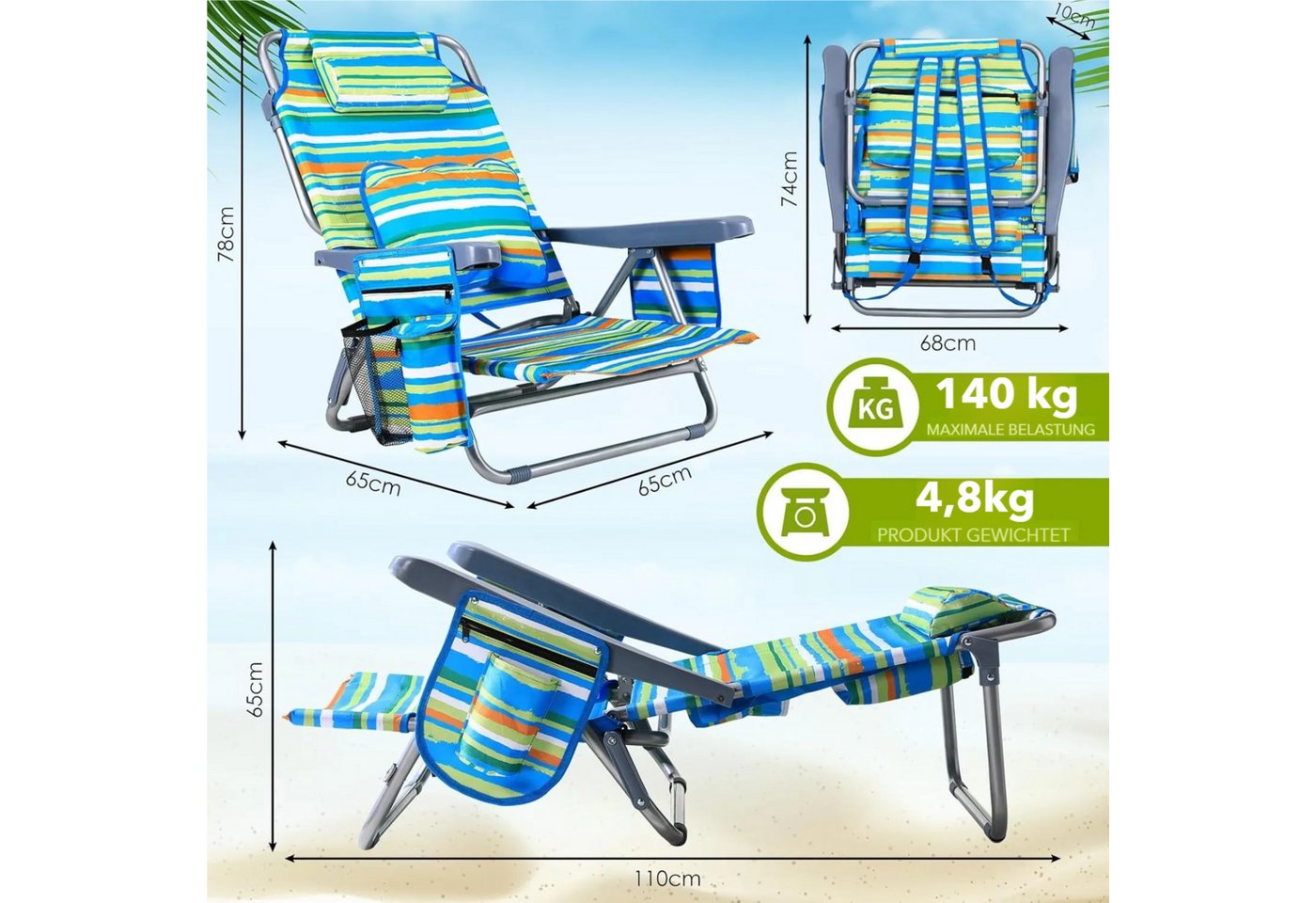 TLGREEN Campingstuhl Strandstuhl,faltbar,mit Lendenkissen + Seitentasche + Kühlfach, (2 St), verstellbare Rückenlehne,bis 140 kg belastbar – Bild 2 von 5