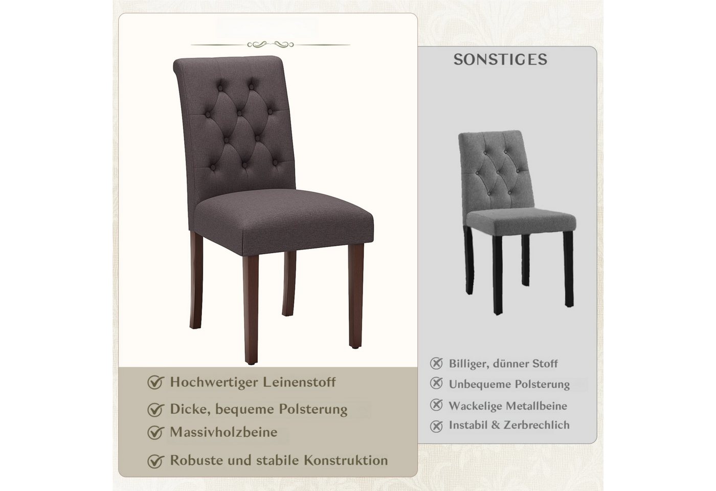 TLGREEN Esszimmerstuhl 1/2/4 Set,Küchenstuhl,Polsterstühle mit hoher Rückenlehne, (Chesterfield Stil mit Massivholzbeinen, 2 St), Weiche Gepolsterte Sitzfläche, – Bild 3 von 5