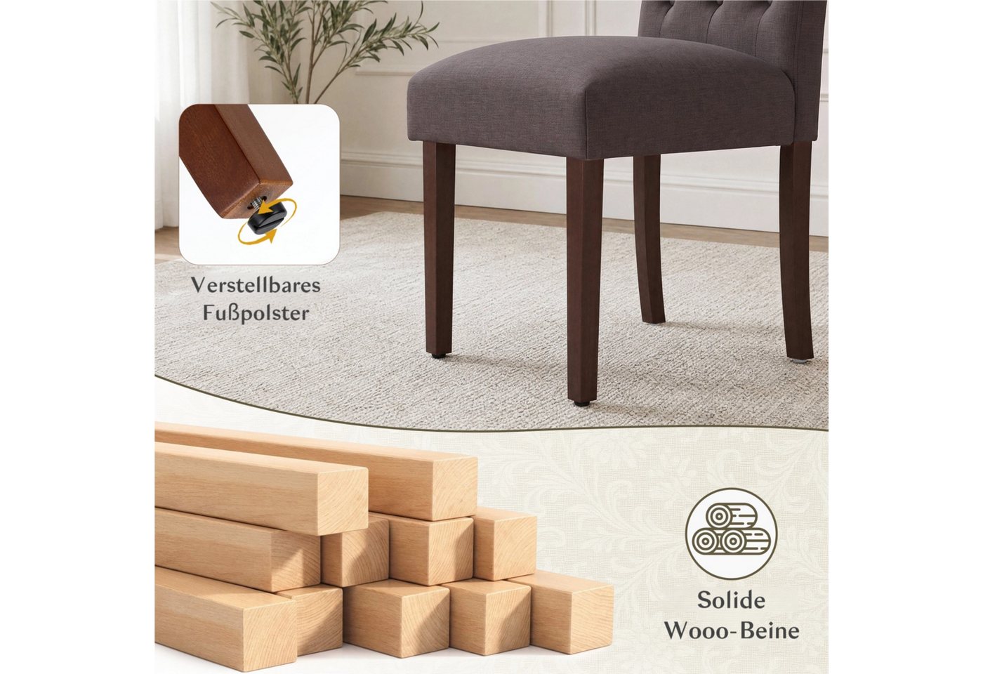 TLGREEN Esszimmerstuhl 1/2/4 Set,Küchenstuhl,Polsterstühle mit hoher Rückenlehne, (Chesterfield Stil mit Massivholzbeinen, 2 St), Weiche Gepolsterte Sitzfläche, – Bild 4 von 5
