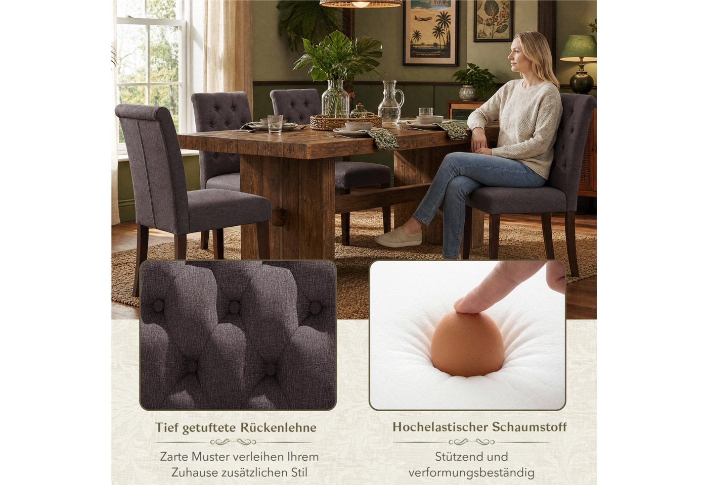 TLGREEN Esszimmerstuhl 1/2/4 Set,Küchenstuhl,Polsterstühle mit hoher Rückenlehne, (Chesterfield Stil mit Massivholzbeinen, 2 St), Weiche Gepolsterte Sitzfläche, – Bild 5 von 5