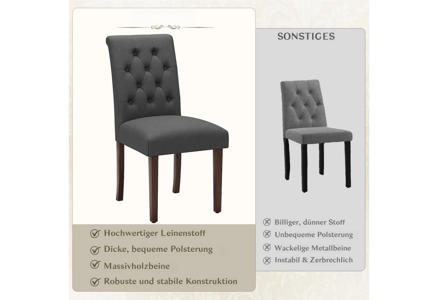 TLGREEN Esszimmerstuhl 1/2/4 Set,Küchenstuhl,Polsterstühle mit hoher Rückenlehne, (Chesterfield Stil mit Massivholzbeinen, 2 St), Weiche Gepolsterte Sitzfläche, – Bild 3 von 5