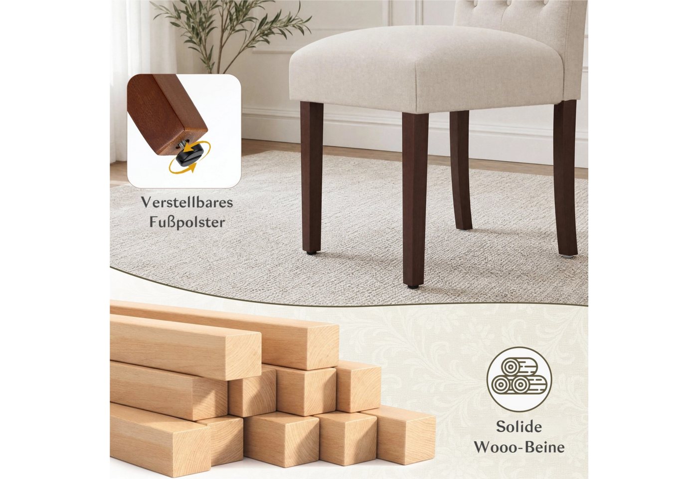 TLGREEN Esszimmerstuhl 1/2/4 Set,Küchenstuhl,Polsterstühle mit hoher Rückenlehne, (Chesterfield Stil mit Massivholzbeinen, 4 St), Weiche Gepolsterte Sitzfläche, – Bild 4 von 5