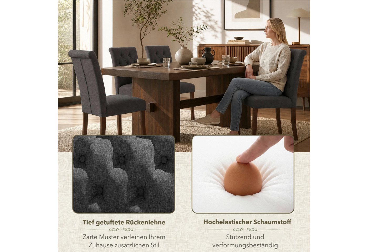 TLGREEN Esszimmerstuhl 1/2/4 Set,Küchenstuhl,Polsterstühle mit hoher Rückenlehne, (Chesterfield Stil mit Massivholzbeinen, 4 St), Weiche Gepolsterte Sitzfläche, – Bild 5 von 5